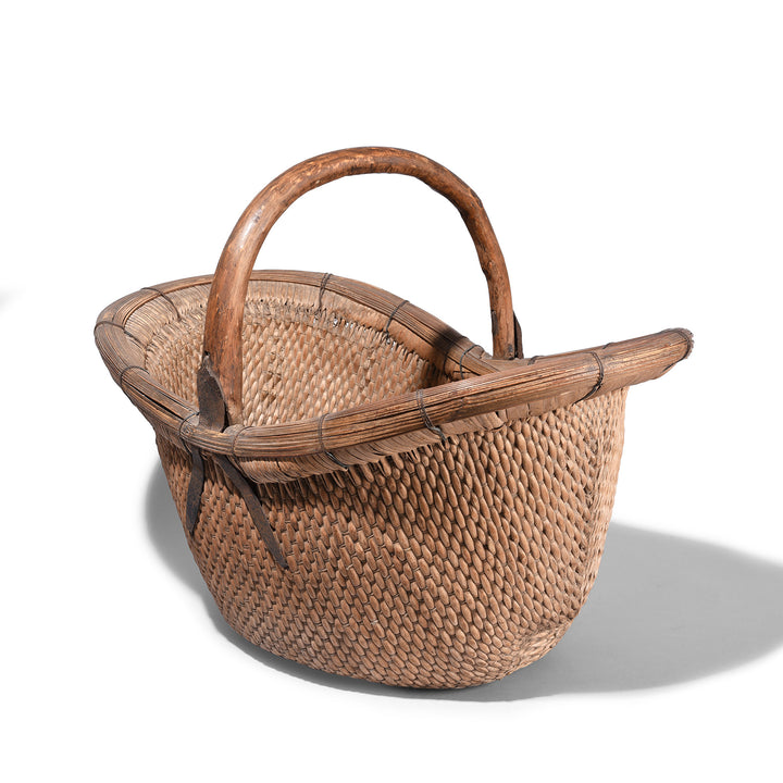 Vintage Chinese Woven Willow Basket With Wooden Handle And Metal Reinforcements