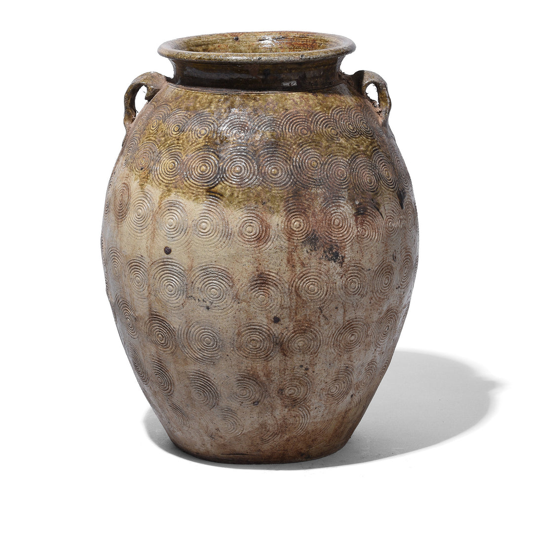 Vintage Glazed Earthenware Jar From Yunnan With Incised Spiral Decoration And Lug Handles | Indigo Antiques