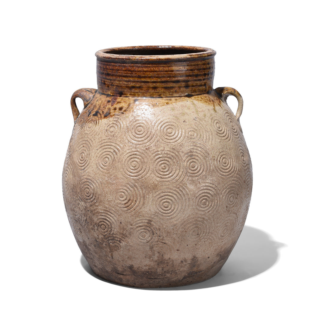 Option 1 Vintage Glazed Earthenware Jar From Yunnan With Incised Spiral Decoration And Lug Handles
