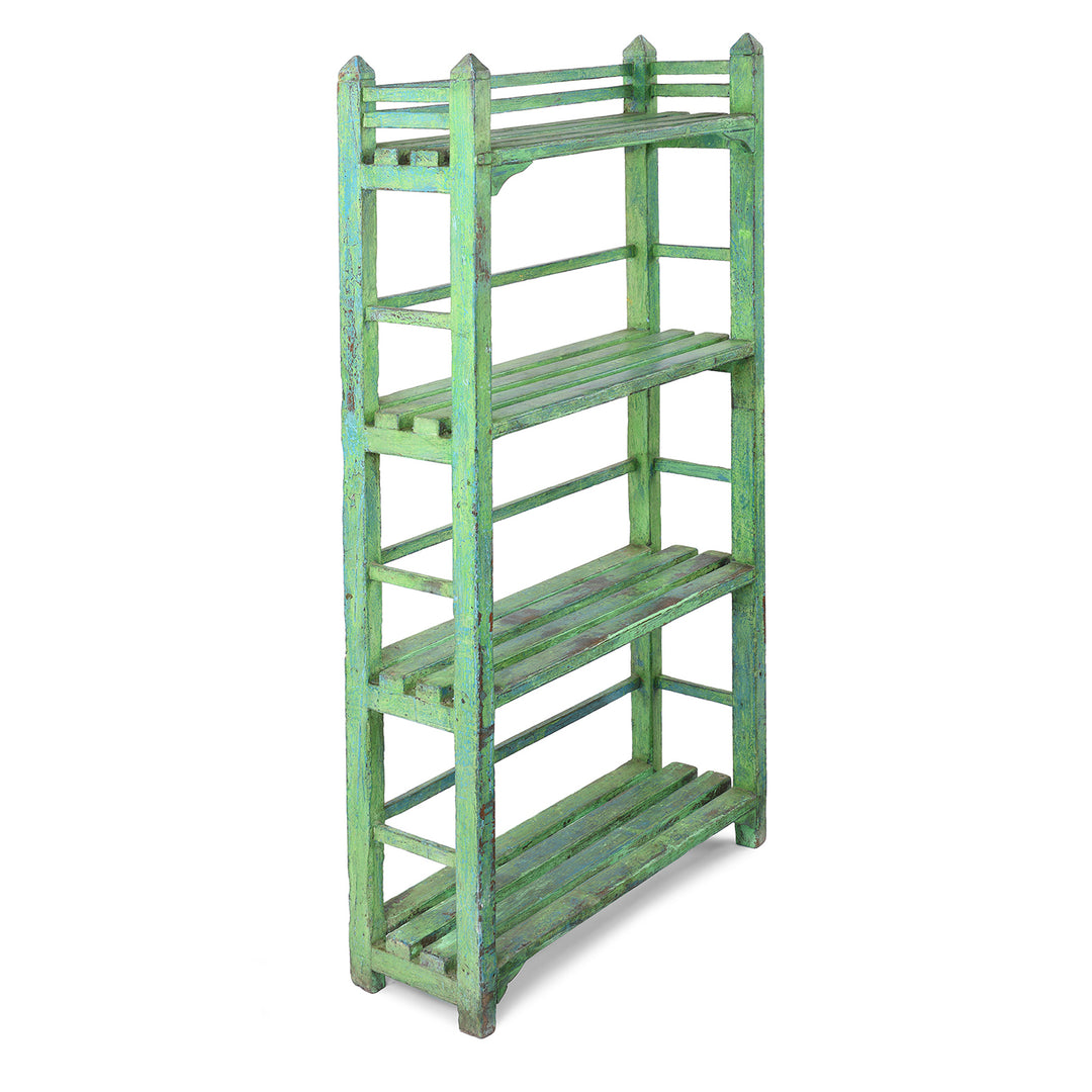 Vintage Green Indian Painted Slated Teak Shelf From Gujarat | Indigo Antiques