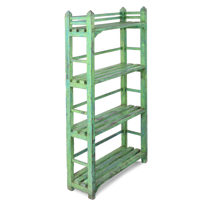 Vintage Green Indian Painted Slated Teak Shelf From Gujarat | Indigo Antiques