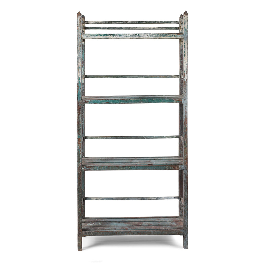 Vintage Indian Painted Teak Slatted Shelves With Weathered Blue And Brown Finish