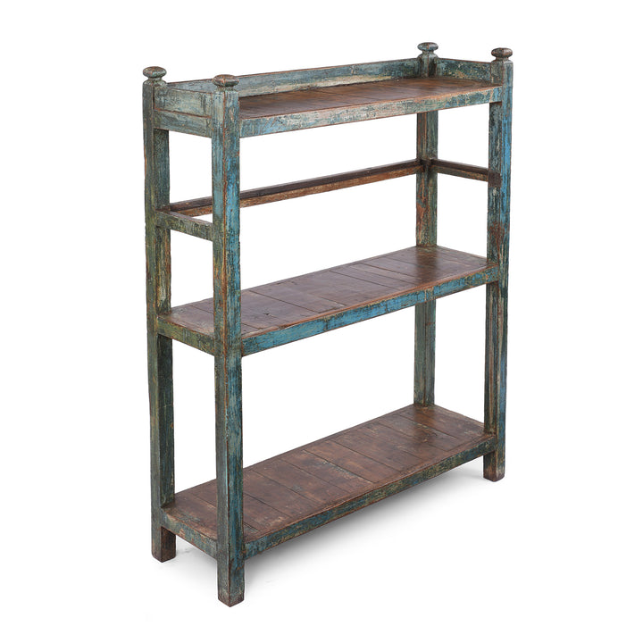 Angled View Of Vintage Blue Indian Painted Teak Shelf From Gujarat | Indigo Antiques