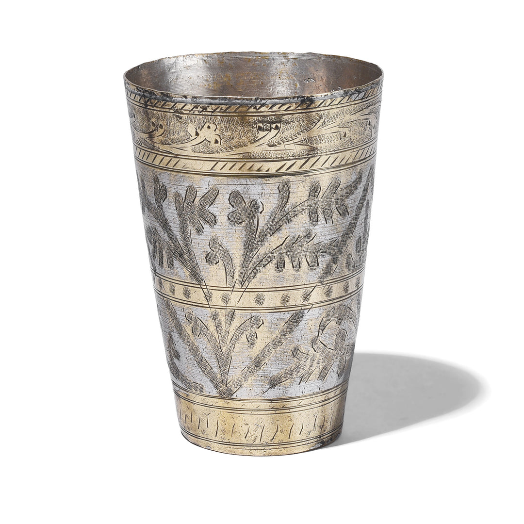 Vintage Lassi Cup - Nickel Plated Engraved Brass | Indigo Antiques