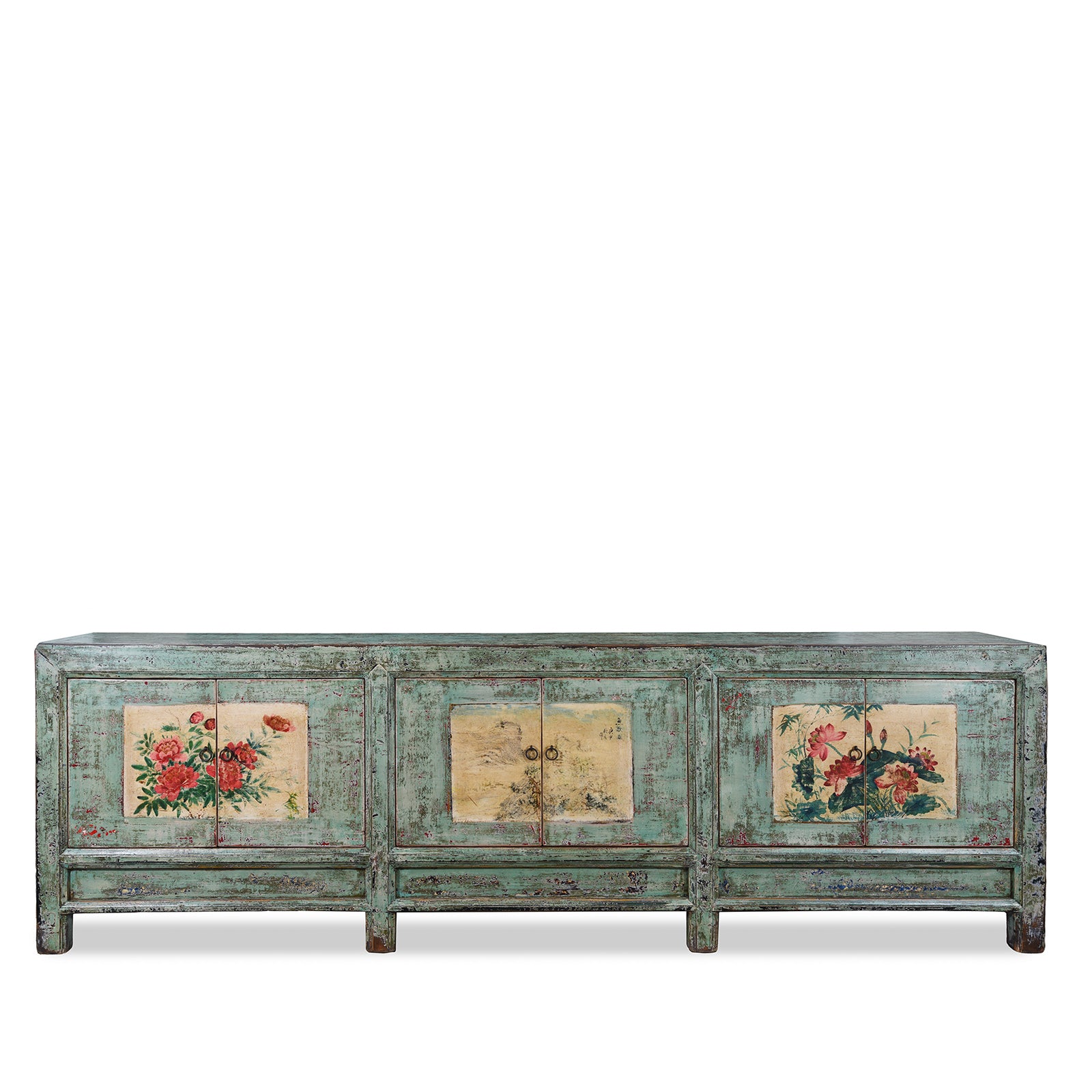 Vintage Mint Painted Shanxi Sideboard With Floral And Landscape Painted Panels And Long Low Form