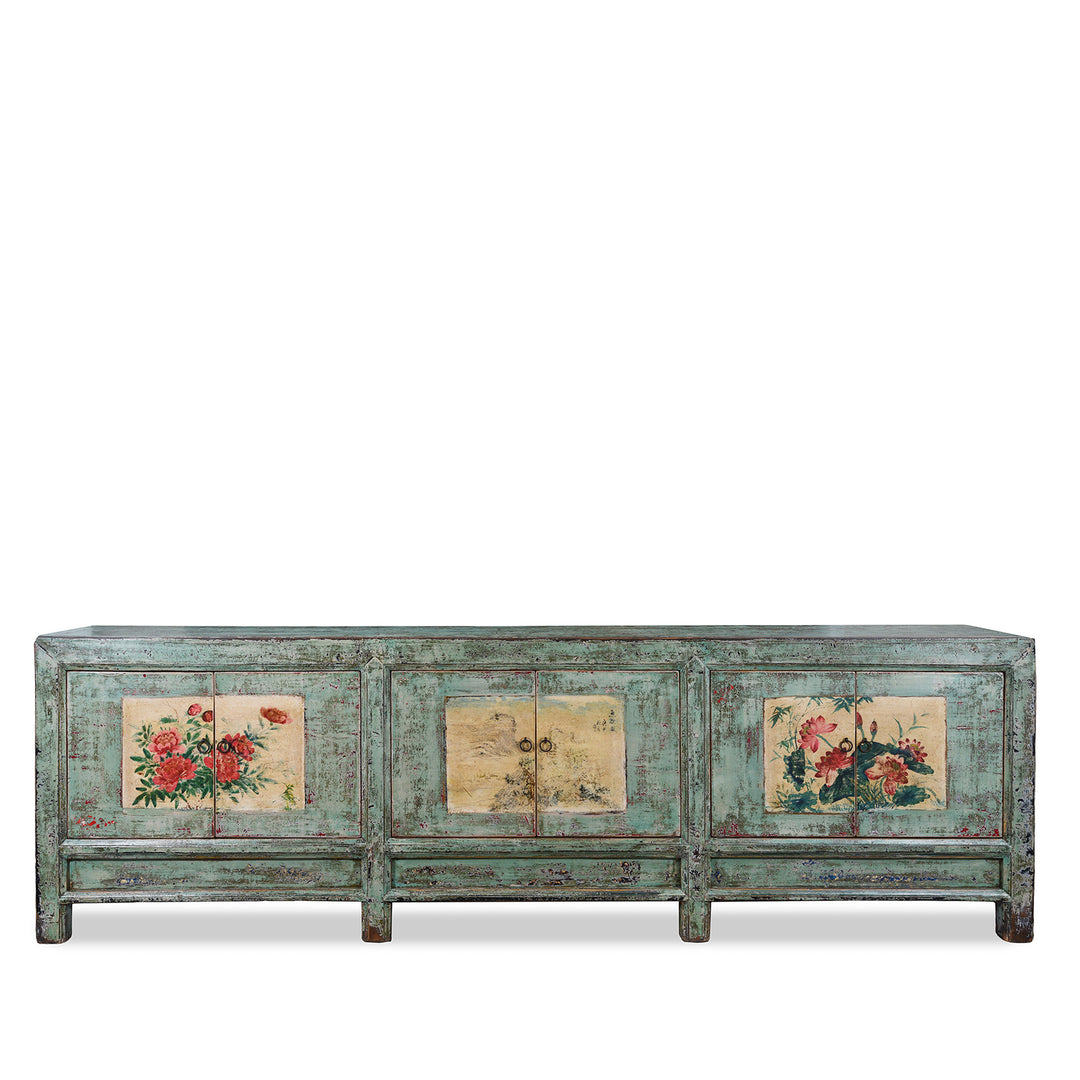 Vintage Mint Painted Shanxi Sideboard With Floral And Landscape Painted Panels And Long Low Form