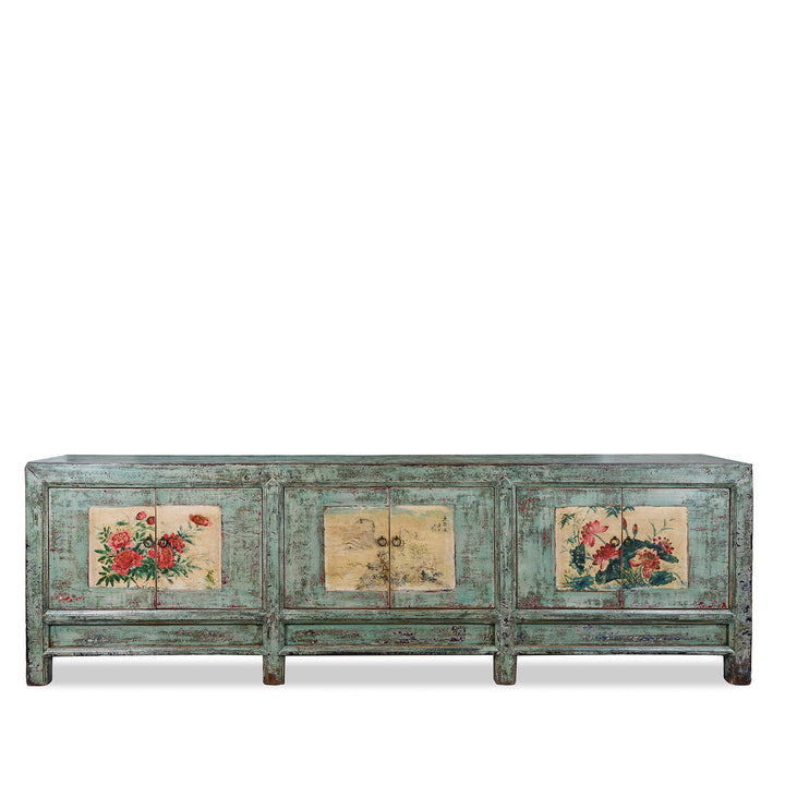 Vintage Mint Painted Shanxi Sideboard With Floral And Landscape Painted Panels And Long Low Form