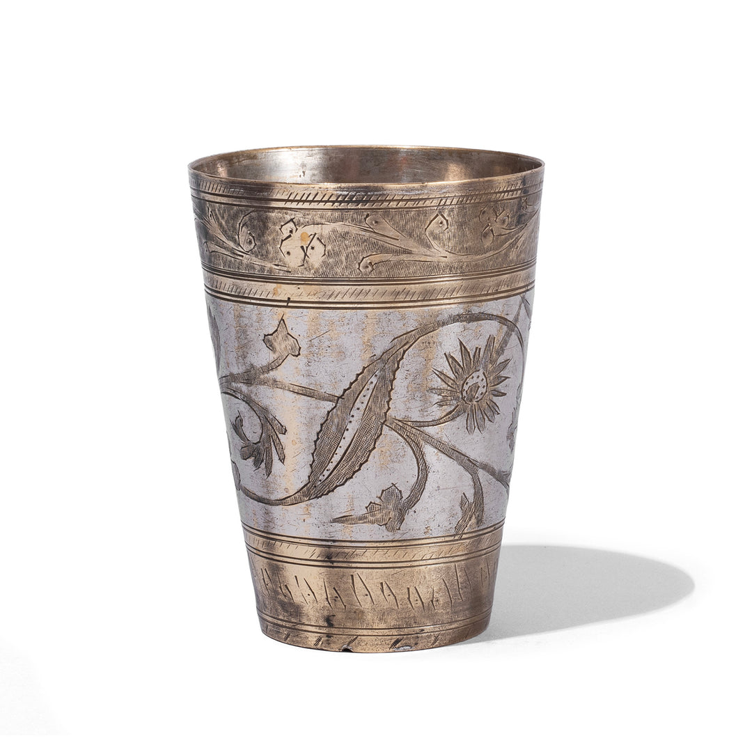 Option 1 Vintage North Indian Nickel Plated Brass Lassi Cup With Hand Etched Floral Design