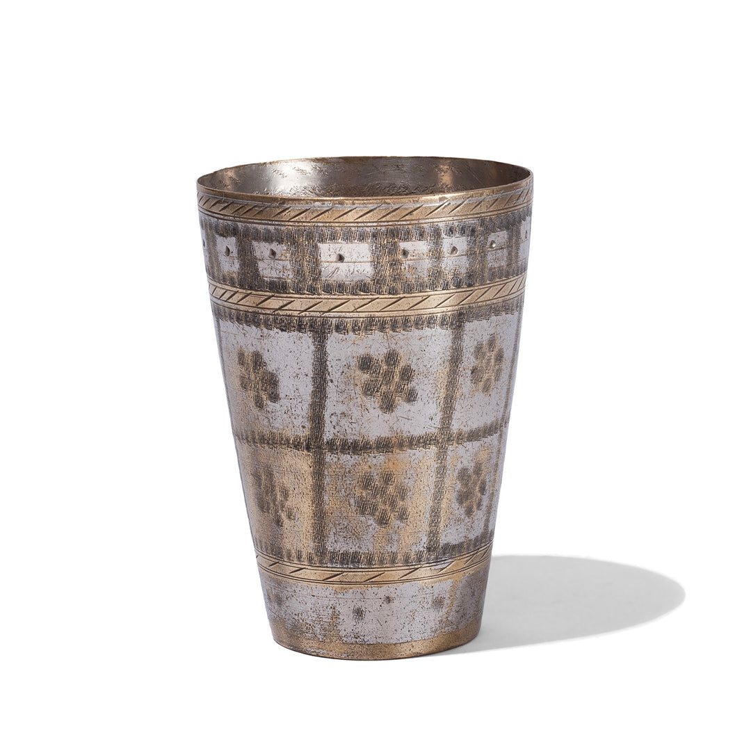 Vintage North Indian Nickel Plated Brass Lassi Cup With Hand Etched Floral Design