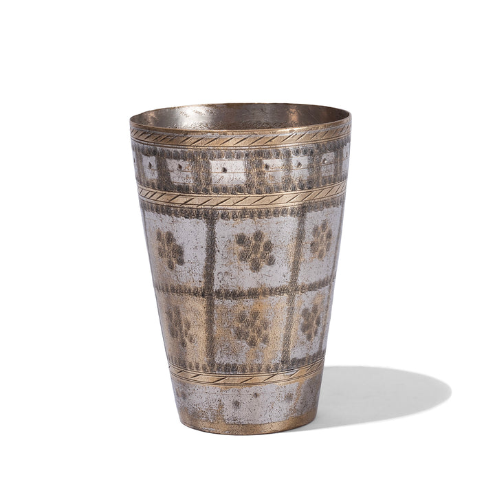 Vintage North Indian Nickel Plated Brass Lassi Cup With Hand Etched Floral Design
