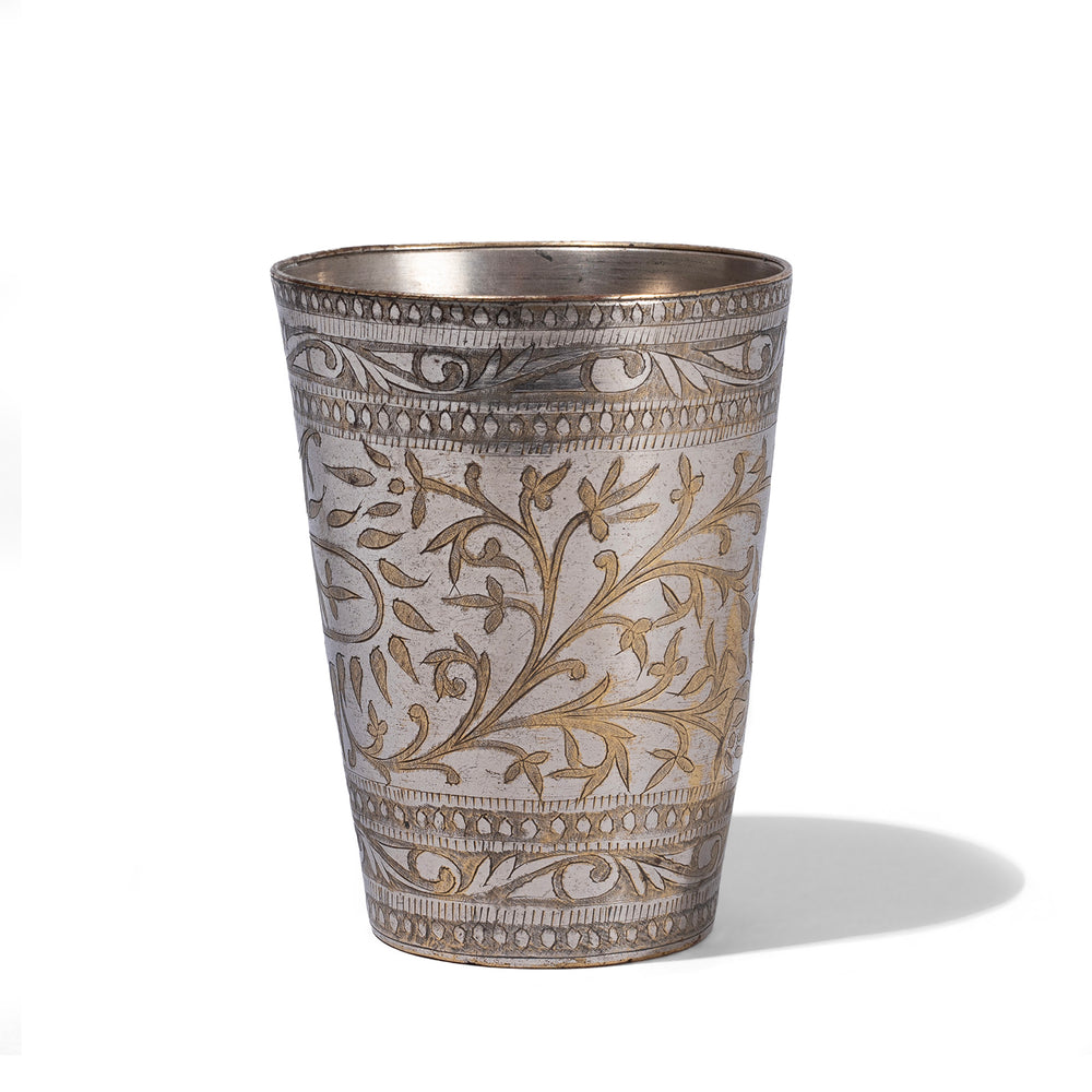 Option 1 Vintage North Indian Nickel Plated Brass Lassi Cup With Hand Etched Floral Design