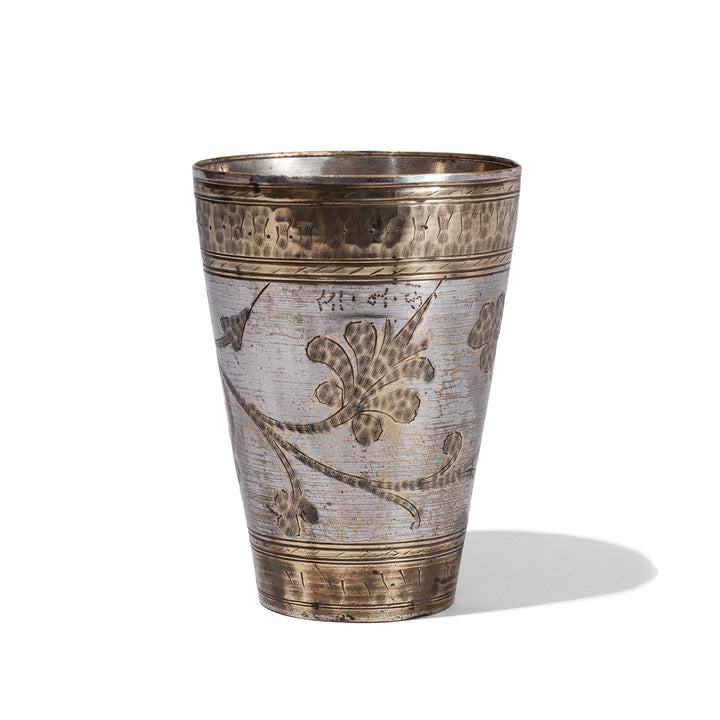 Option 2 Vintage North Indian Nickel Plated Brass Lassi Cup With Hand Etched Floral Design