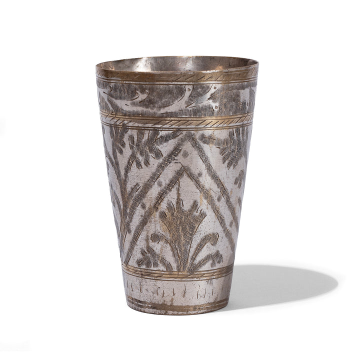 Option 3 Vintage North Indian Nickel Plated Brass Lassi Cup With Hand Etched Floral Design