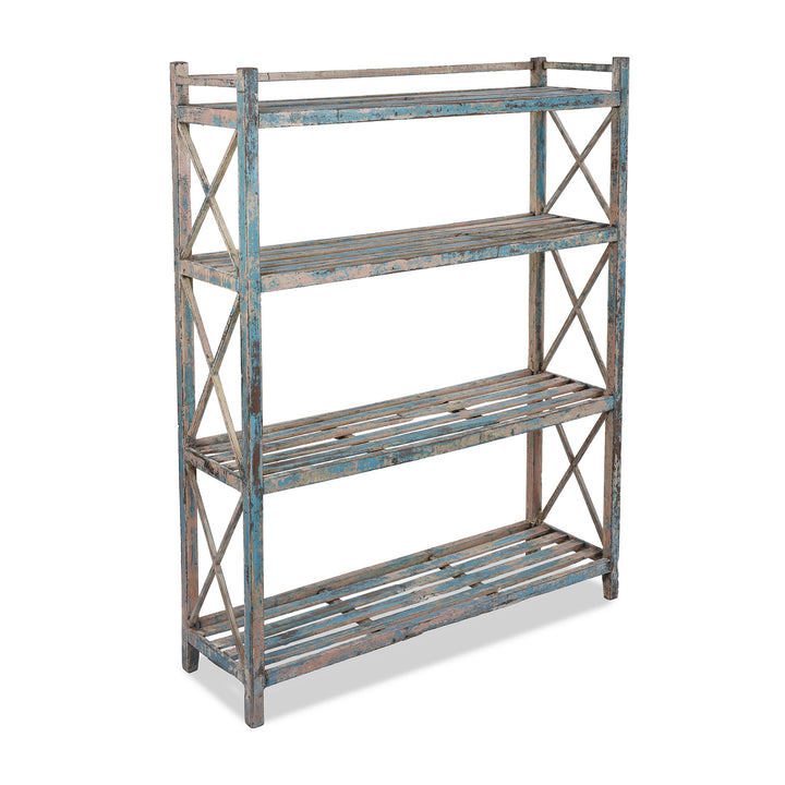 Angled VIew Of Vintage Slatted Teakwood Shelf From Rajasthan | Indigo Antiques