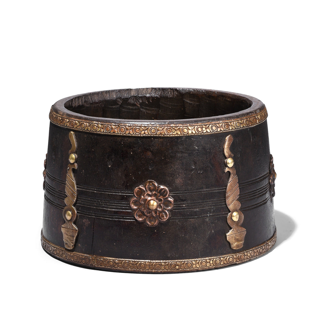 Vintage South Indian Jackfruit Wood Grain Measure With Ornate Brass Embellishments