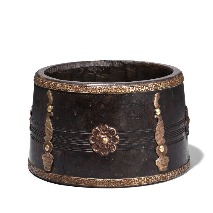 Vintage South Indian Jackfruit Wood Grain Measure With Ornate Brass Embellishments