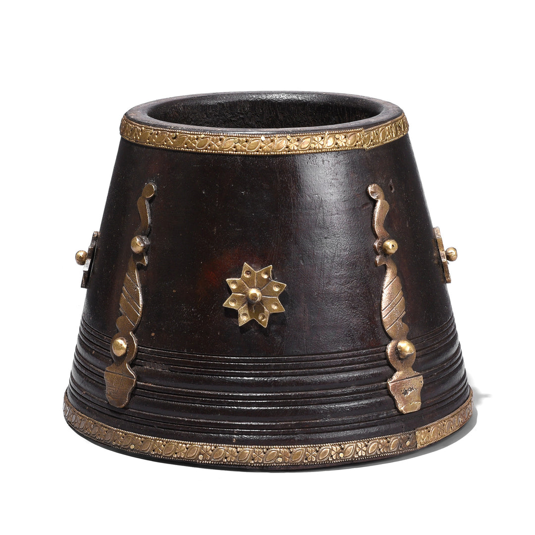 Vintage South Indian Jackfruit Wood Grain Measure With Ornate Brass Embellishments