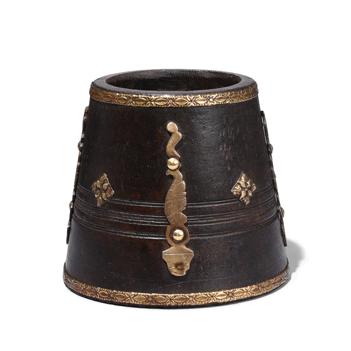 Vintage South Indian Jackfruit Wood Grain Measure With Ornate Brass Embellishments
