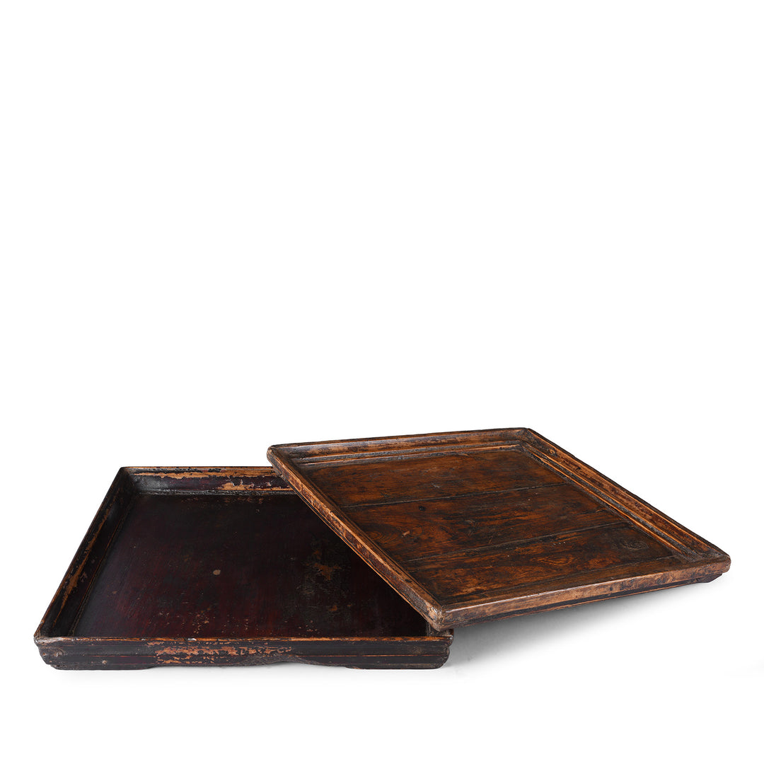 Pair Of Vintage Square Wooden Tea Trays With Raised Edge And Rich Patina