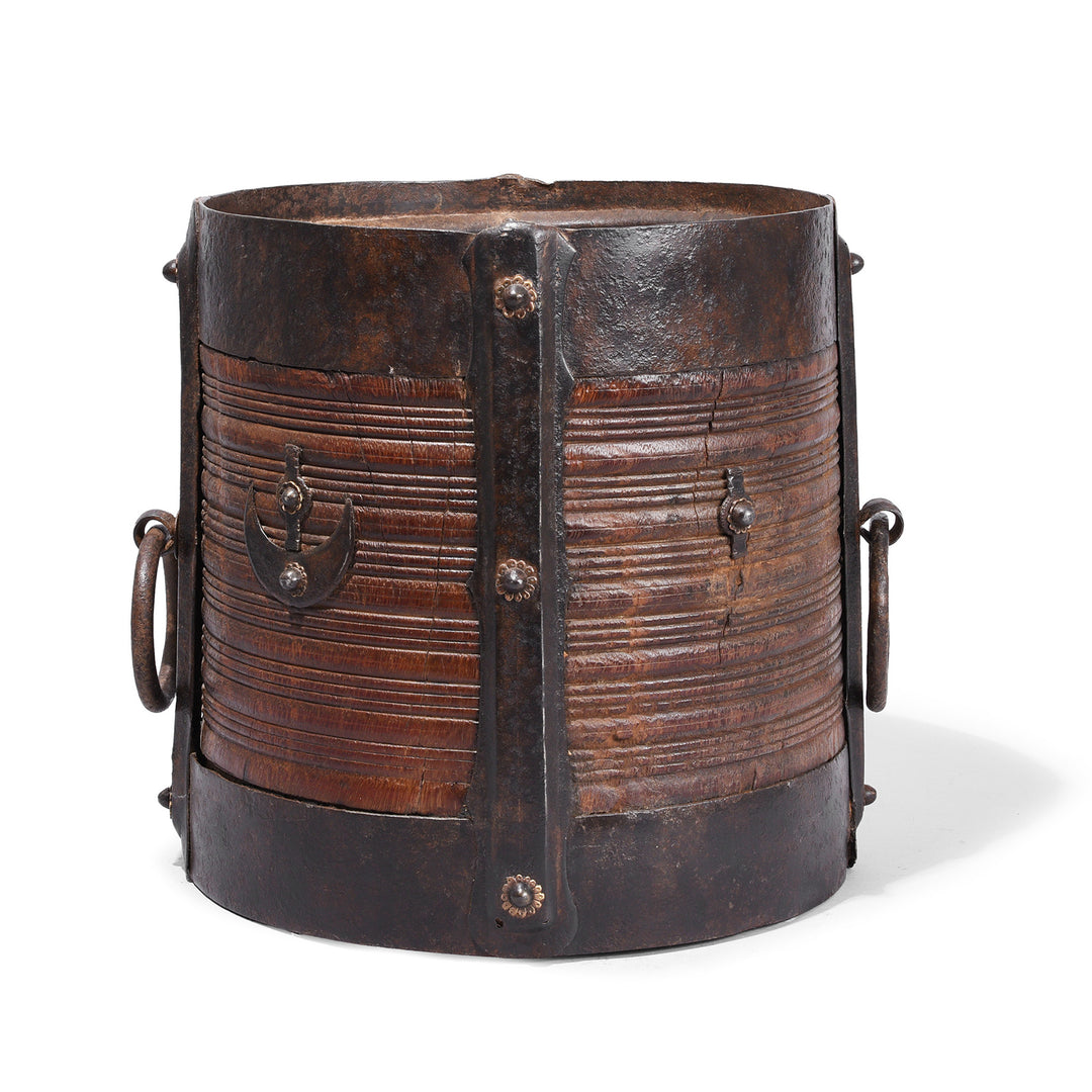 Wooden Grain Measure From Kerala With Forged Iron Binding And Crescent Clasps