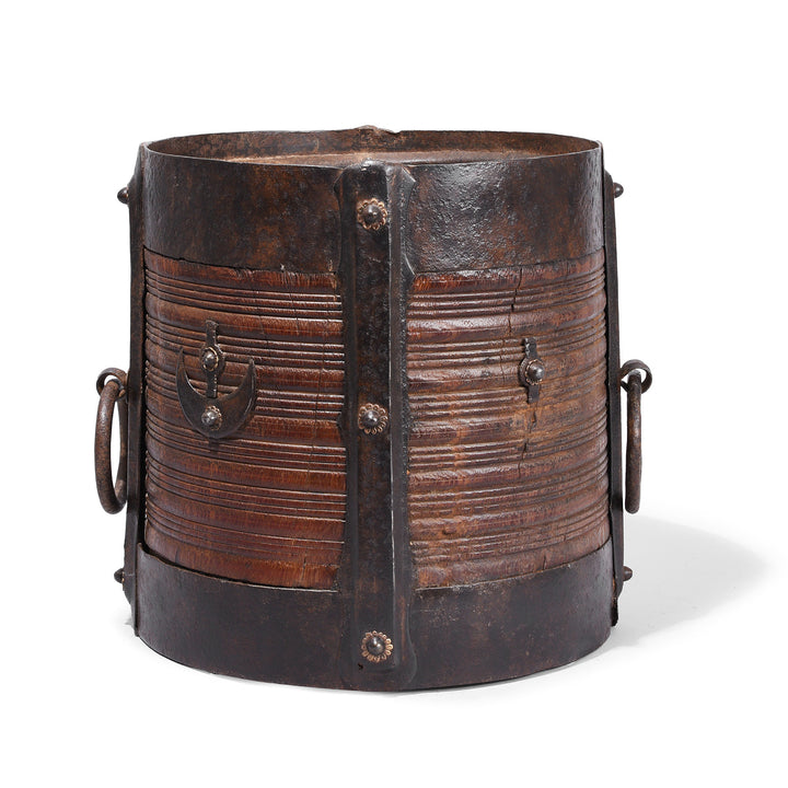 Wooden Grain Measure From Kerala With Forged Iron Binding And Crescent Clasps