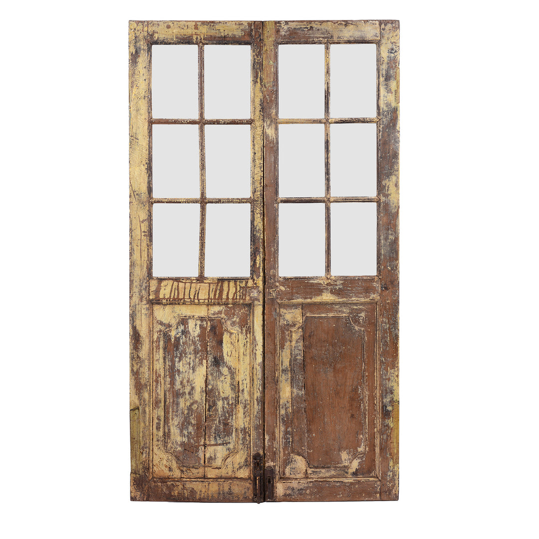 Yellow Painted Indian Door From Gujarat With Distressed Original Paint And Glass Panels