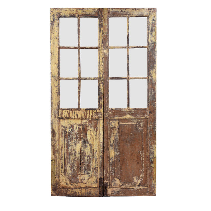 Yellow Painted Indian Door From Gujarat With Distressed Original Paint And Glass Panels