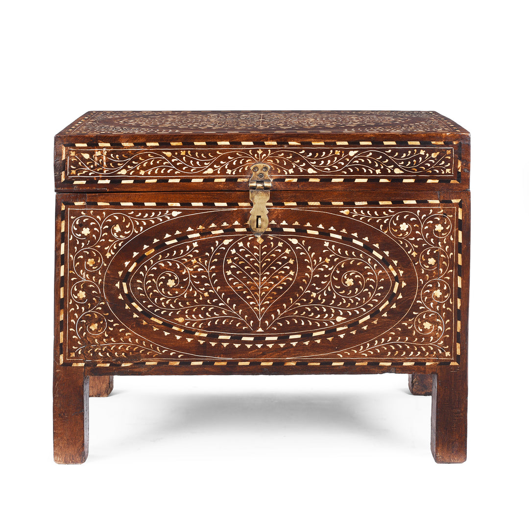 Antique Indian Chest From Circa 19th Century With Intricate Traditional-Style Bone Inlay, Decorative Vintage Storage Trunk From The Raj Era