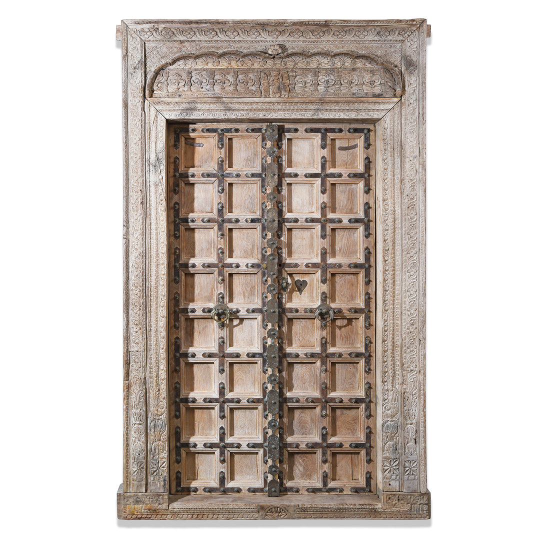 19th Century Carved Teak Door From Himachal Pradesh With Floral Motifs and Figure Detailing