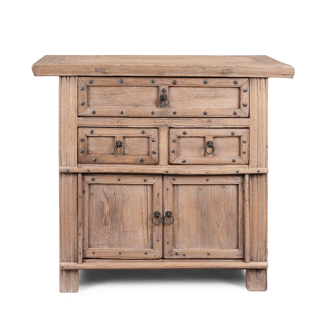 Bleached Elm Wood Cabinet From Shanxi China With Three Drawers And Lower Cupboard Featuring Iron Ring Pulls And Stud Detailing 19Th Century