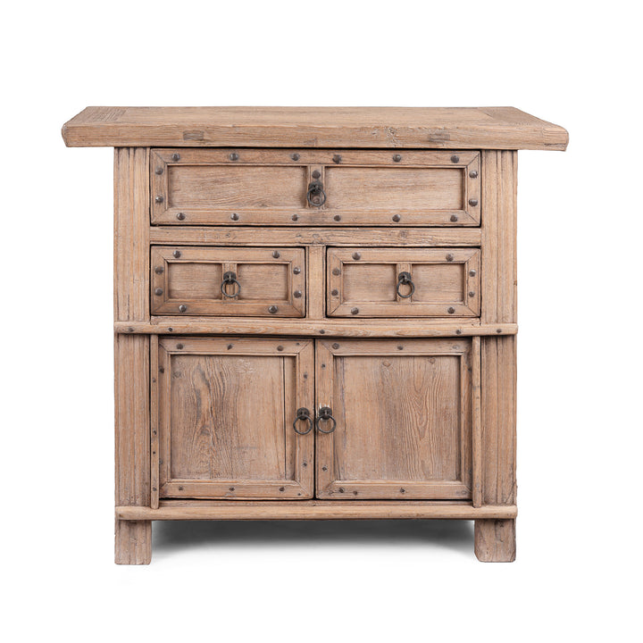 Bleached Elm Wood Cabinet From Shanxi China With Three Drawers And Lower Cupboard Featuring Iron Ring Pulls And Stud Detailing 19Th Century
