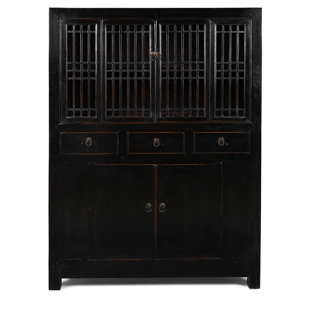 Antique Chinese Black Lacquered Cabinet With Upper Lattice Doors And Lower Panelled Cupboard And Drawer Section