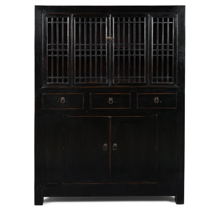 Antique Chinese Black Lacquered Cabinet With Upper Lattice Doors And Lower Panelled Cupboard And Drawer Section