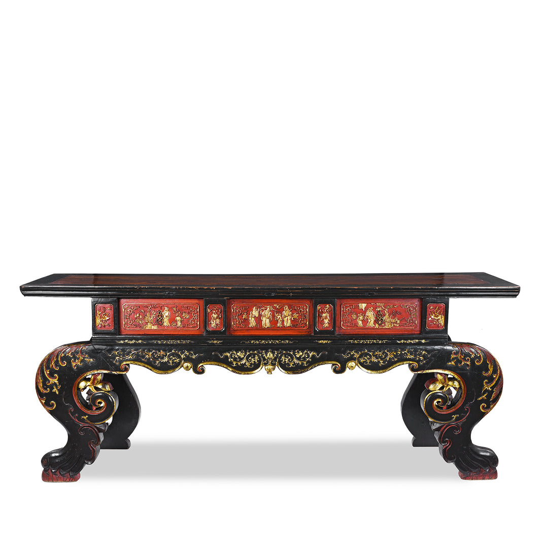 19th-Century Chinese Fujian Altar Table With Red And Black Lacquer, Hand-Painted Gilt Panels, And Ornate Carved Legs