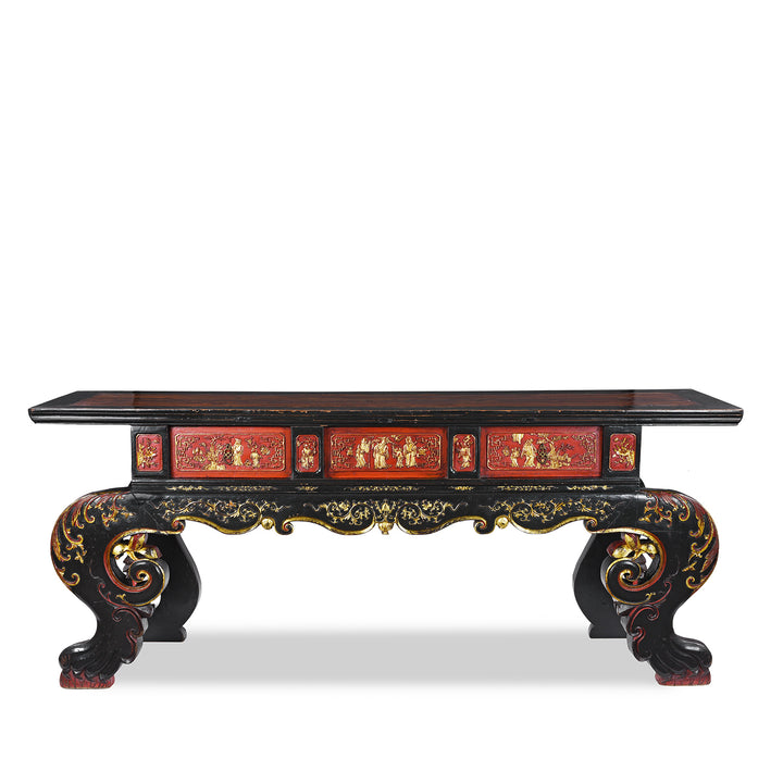 19th-Century Chinese Fujian Altar Table With Red And Black Lacquer, Hand-Painted Gilt Panels, And Ornate Carved Legs