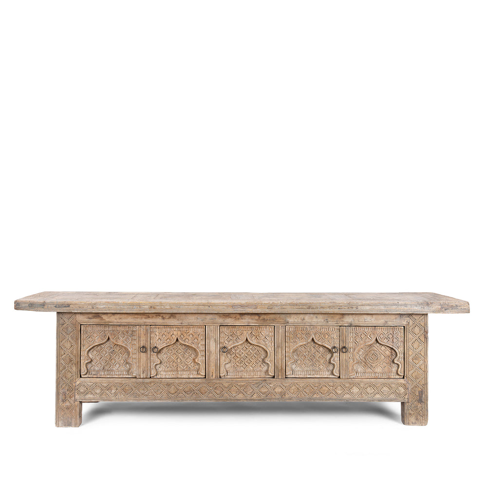 Bleached Hardwood Sideboard From Xinjiang China With Intricately Carved Moorish Arch Panels Converted From Antique Daybed Late 19Th Century
