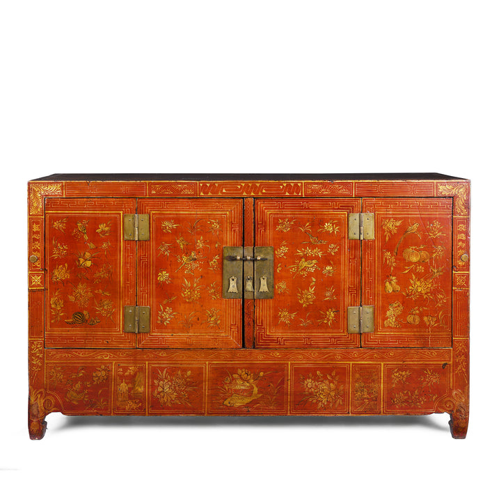 Original Lacquered Chinese Sideboard From Dongbei Manchuria With Handpainted Floral And Bird Motifs In Bright Red Finish Circa 1920s