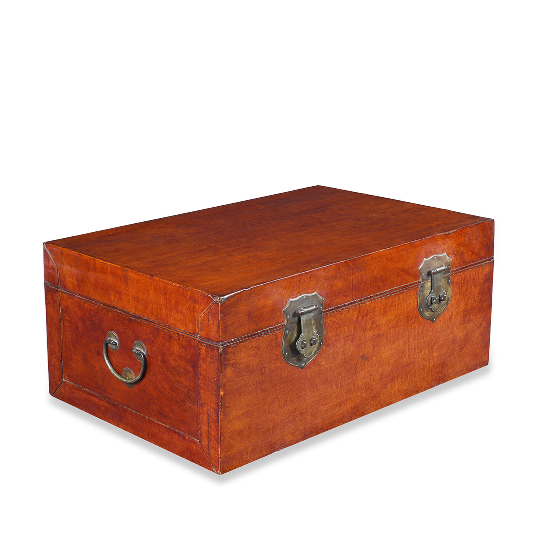 Angled View Of Antique Tan Leather Trunk From Shanghai | Indigo Antiques