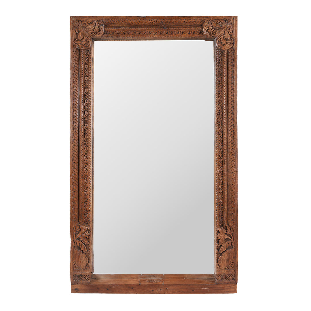 19th-Century South Indian Teak Mirror With Intricate Botanical Carvings And Temple-Inspired Details.