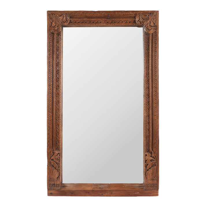 19th-Century South Indian Teak Mirror With Intricate Botanical Carvings And Temple-Inspired Details.