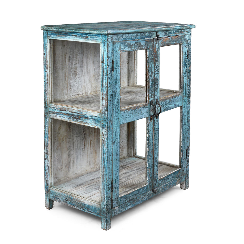 Elegant Glazed Display Cabinet From 19th Century Gujarat With Distressed Blue Exterior And White Interior, Featuring Shelf For Generous Storage