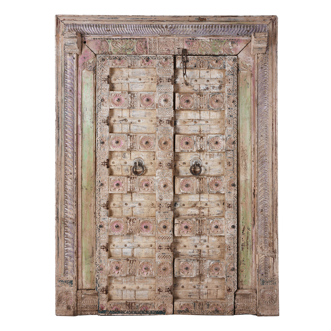 Carved Teak Indian Door From Surat Gujarat With Floral Medallions Traces Of Pink And Green Polychrome Paint 19Th Century