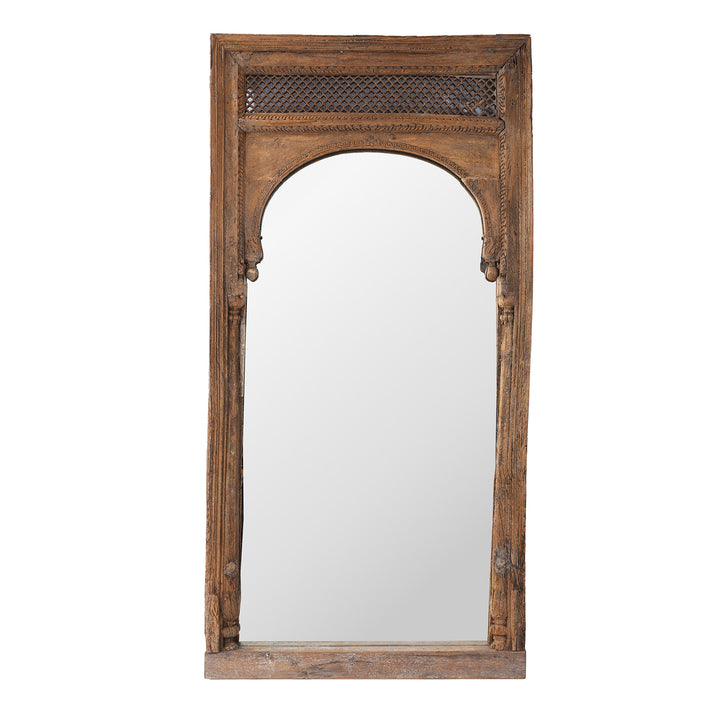 Antique Indian Mirror Made From A 19th-Century Hand-Carved Teak Window Frame With Mughal Arch And Jali Panel From Madhya Pradesh.
