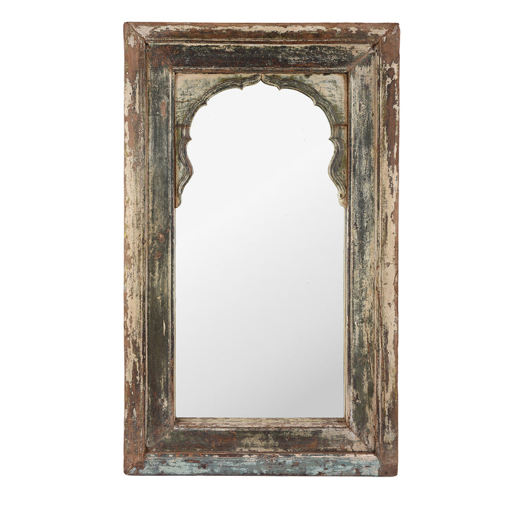 Antique Teak Haveli Window Frame Mirror With Distressed Paint And Mughal Arch Design