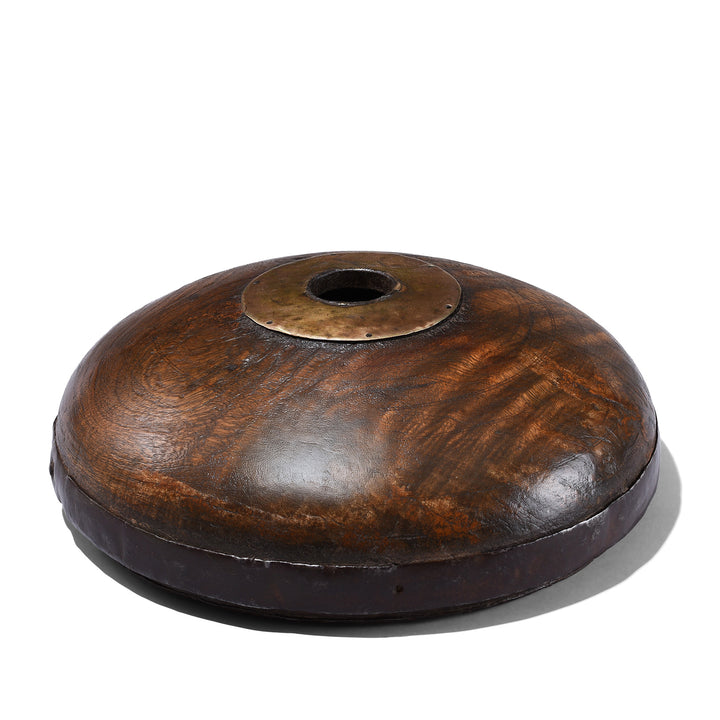 Antique Carved Roheda Wood Opium Container With Iron Banding And Metal-Rimmed Opening From Rajasthan