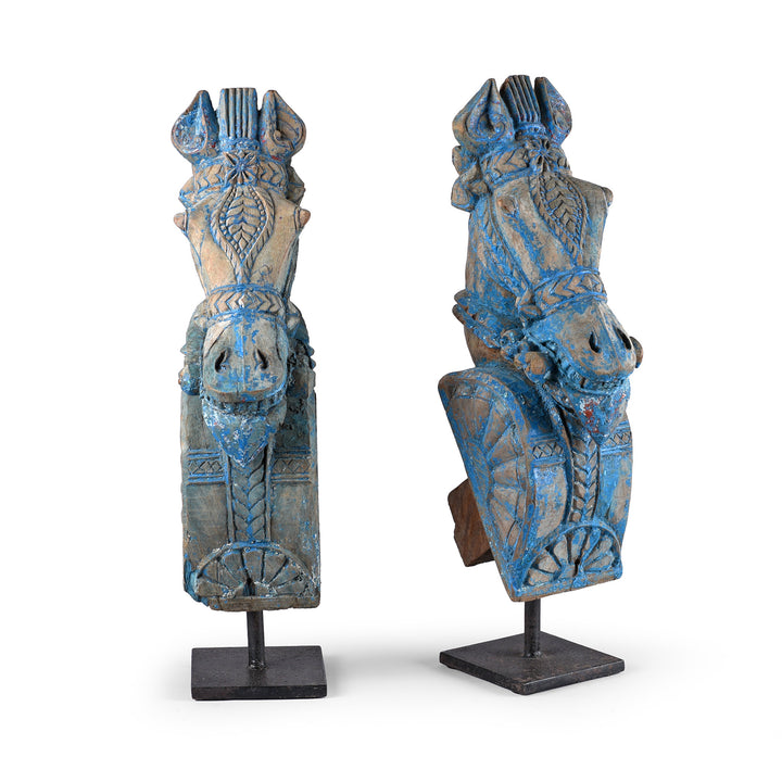 Antique Blue Painted Carved Horse Head Corbels | Indigo Antiques