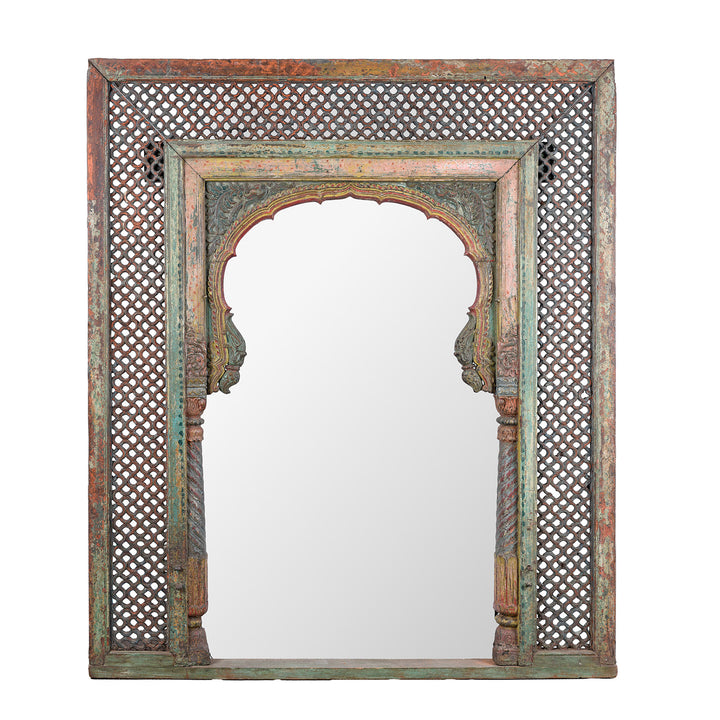 Antique Indian Painted Teak Jali Window Mirror | Indigo Antiques