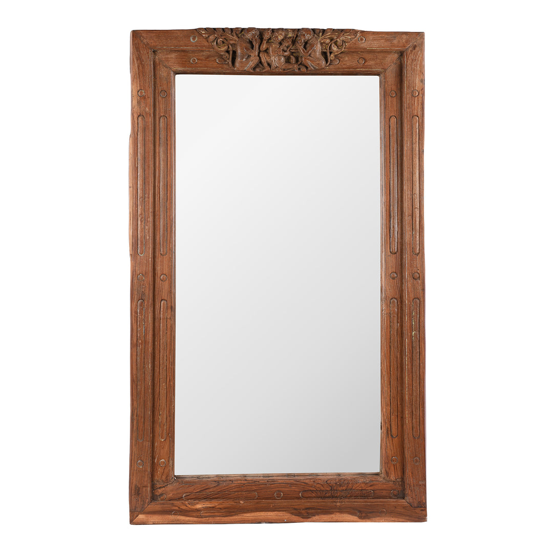 Hand-Carved Antique Teak Mirror Frame Featuring Hanuman Motif From 19th Century Andhra Pradesh