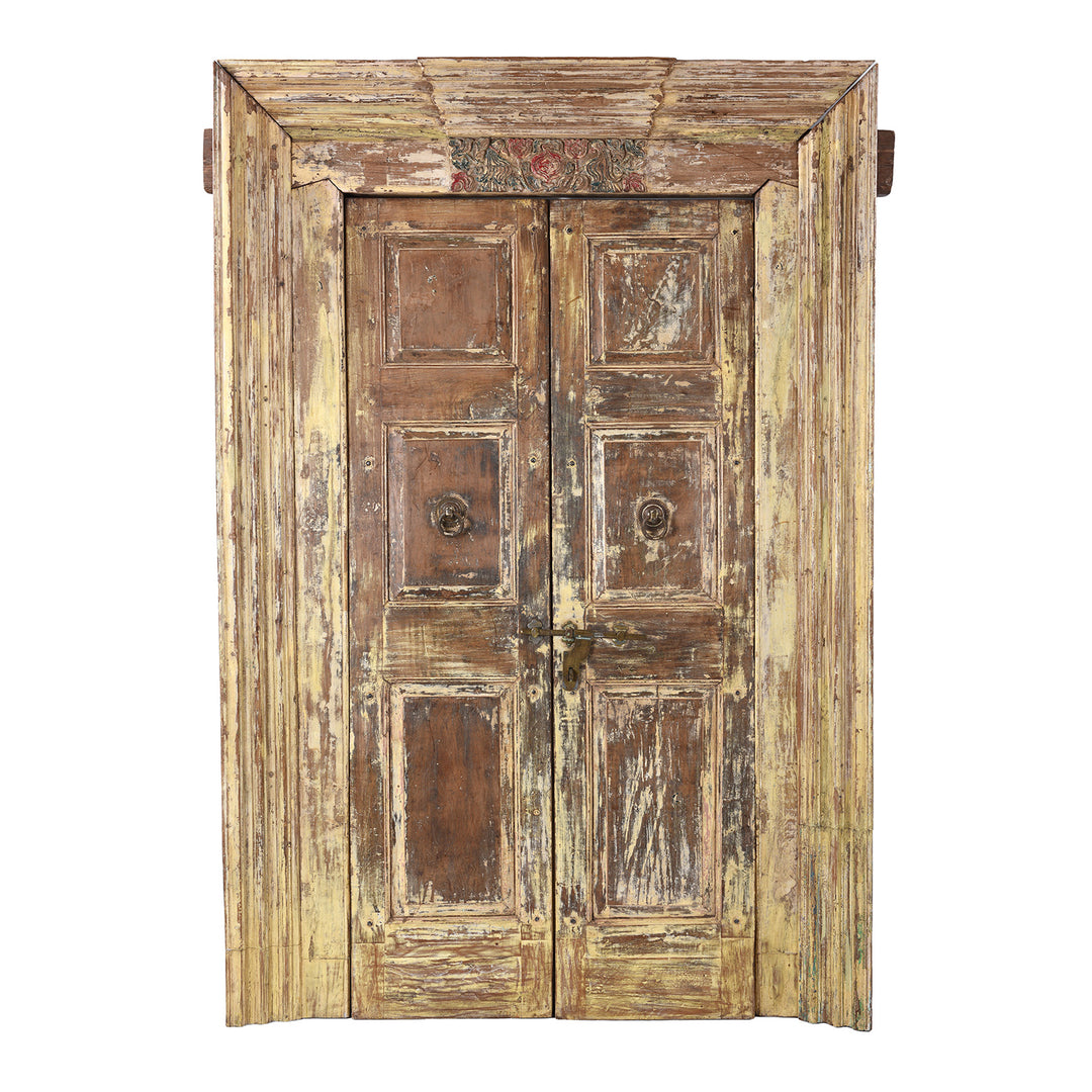 Weathered Nineteenth Century Indian Teak Door Frame With Original Paint And Carved Floral Lintel