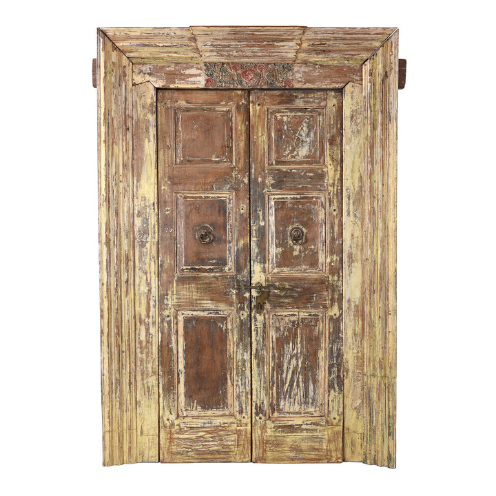 Weathered Nineteenth Century Indian Teak Door Frame With Original Paint And Carved Floral Lintel